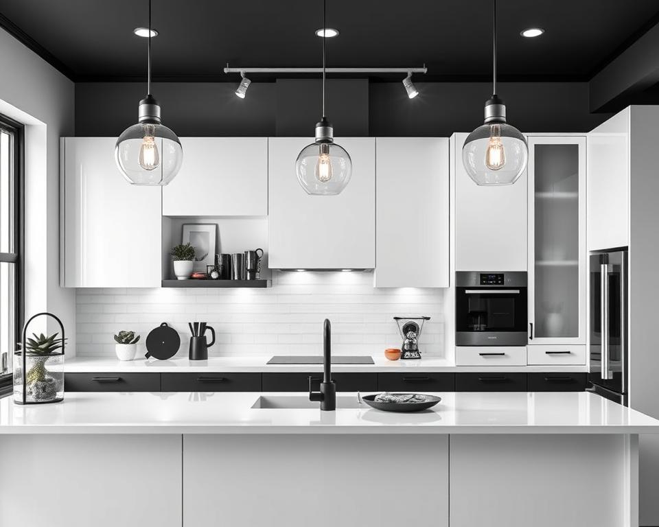 black and white kitchen lighting