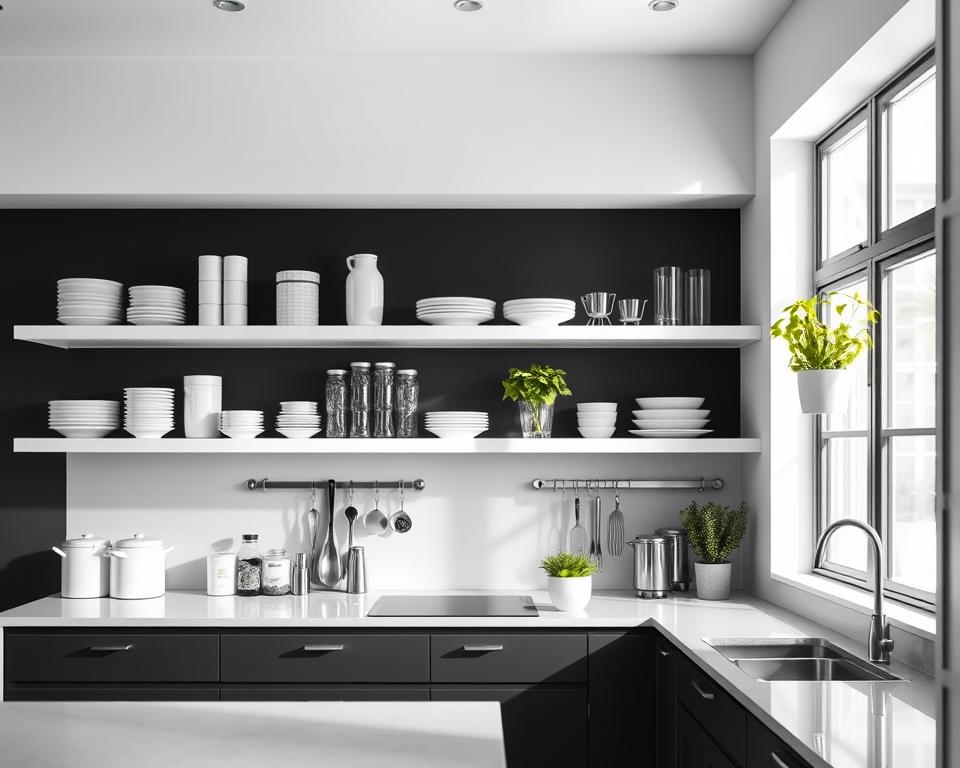 black and white kitchen open shelving