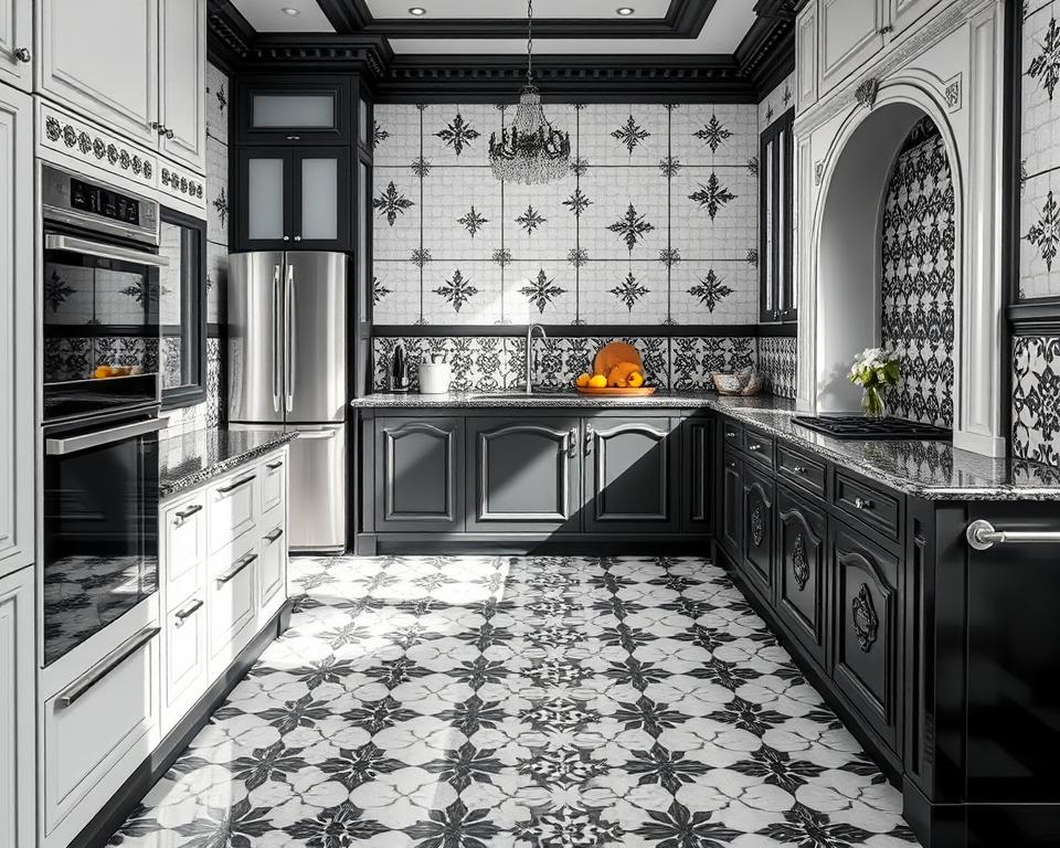 black and white kitchen tiles