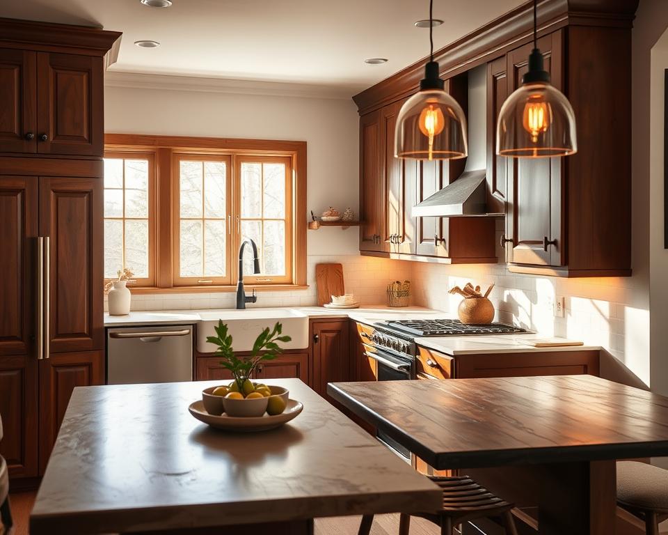 kitchen decor brown cabinets lighting